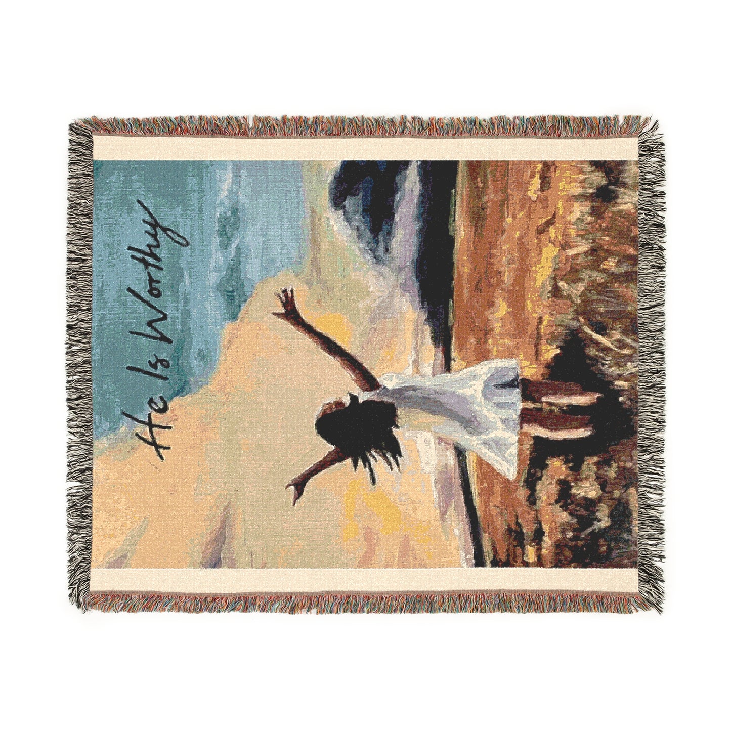 He is Worthy - Serene Sunset Woven Blanket | Cozy Throw for Home Decor, Gift for Her, Boho Decor, Beach Vibes, Relaxation, Self-Care