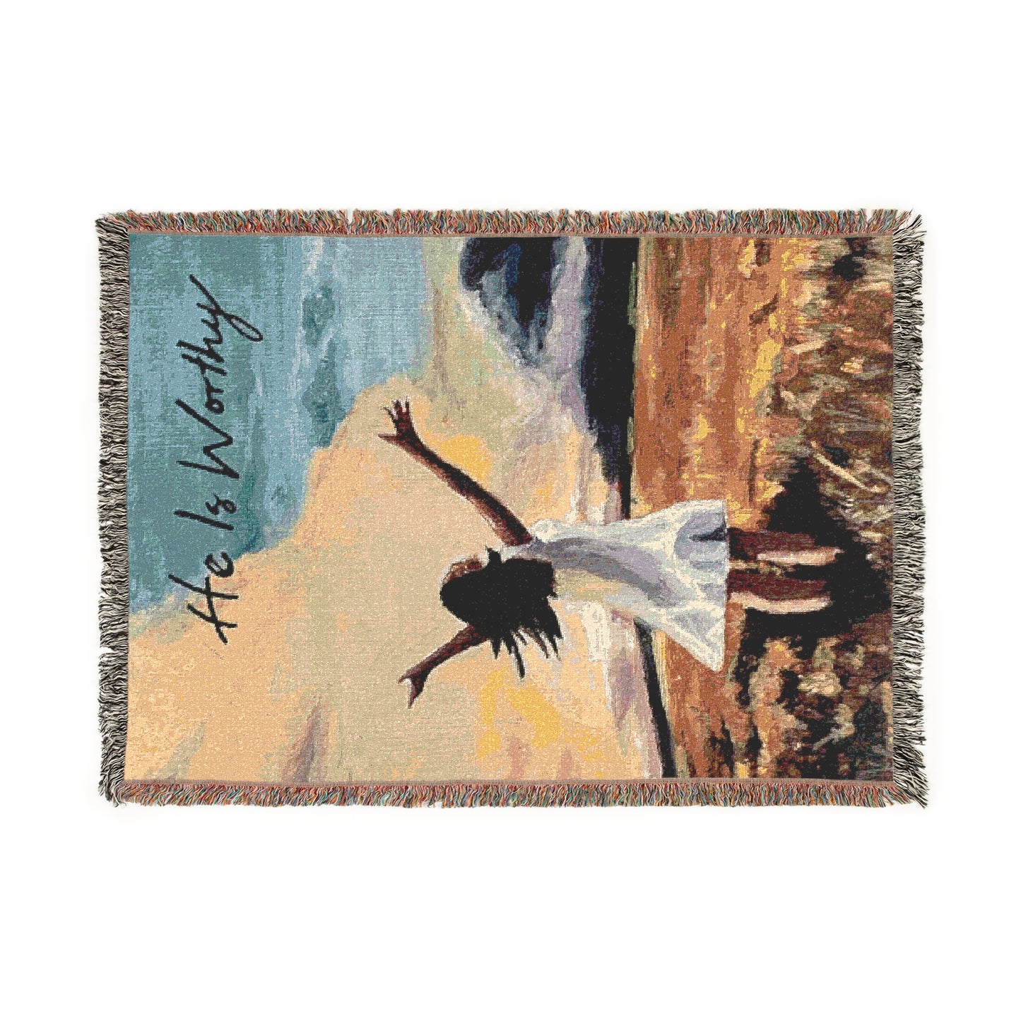 He is Worthy - Serene Sunset Woven Blanket | Cozy Throw for Home Decor, Gift for Her, Boho Decor, Beach Vibes, Relaxation, Self-Care