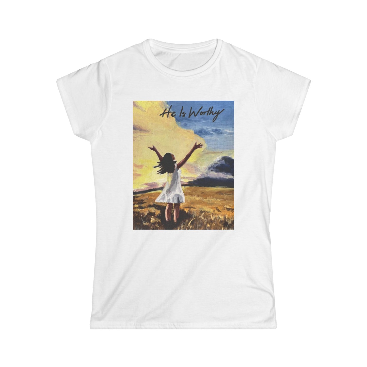 T‑Shirt — 'He Is Worthy' Worship Girl Scenic Tee