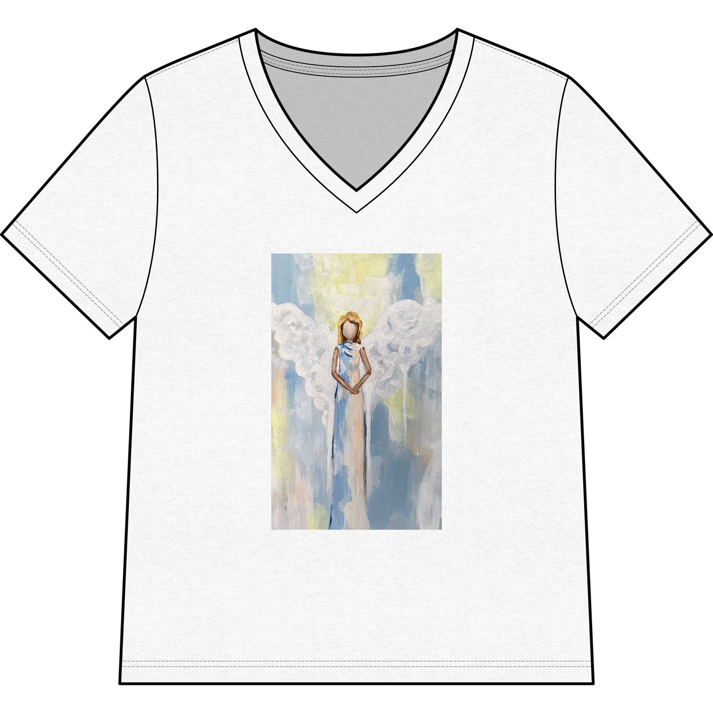 Angel Art V-Neck Tee — Pastel Guardian Angel Graphic for Women