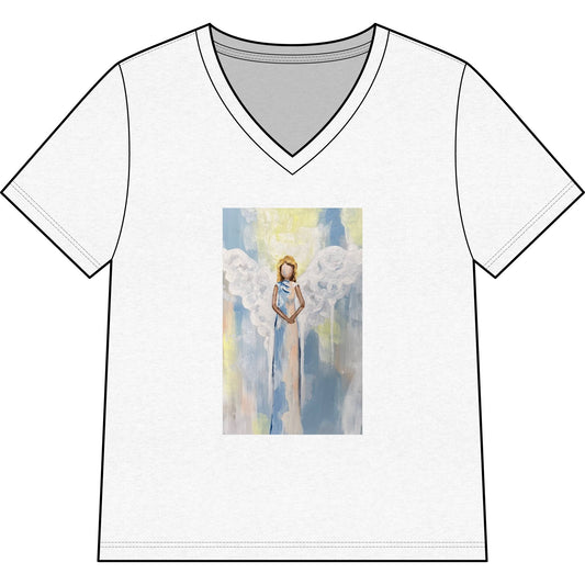 Angel Art V-Neck Tee — Pastel Guardian Angel Graphic for Women
